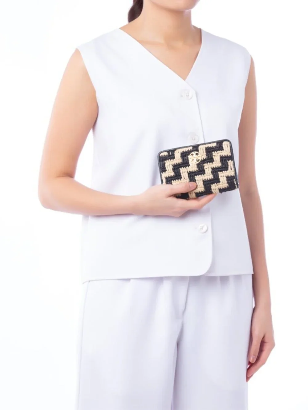 NWT TORY BURCH WILLA Straw Wallet Clutch Black Pale Khaki Leather Gold Logo